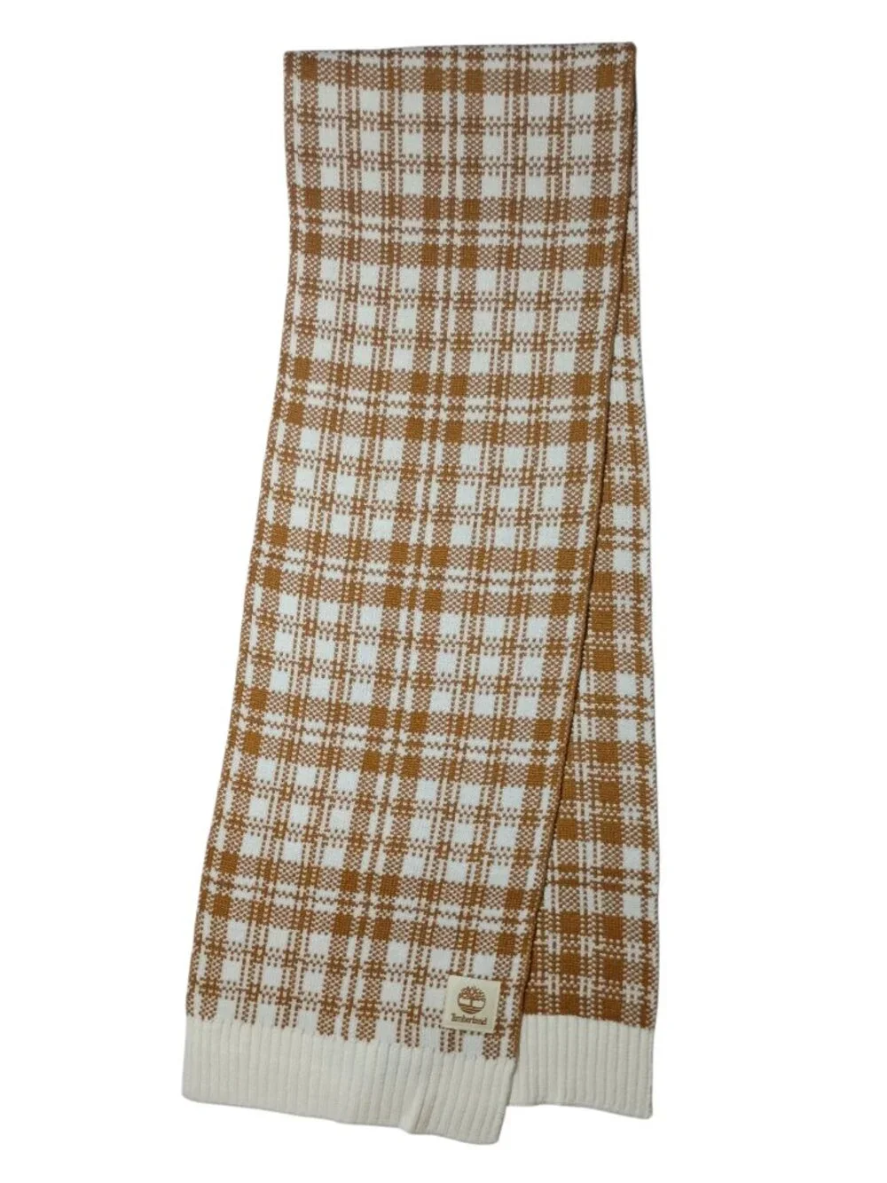 Timberland Plaid Scarf Neutral Brown / Cream Knit Soft Ribbed Edge Soft Warm